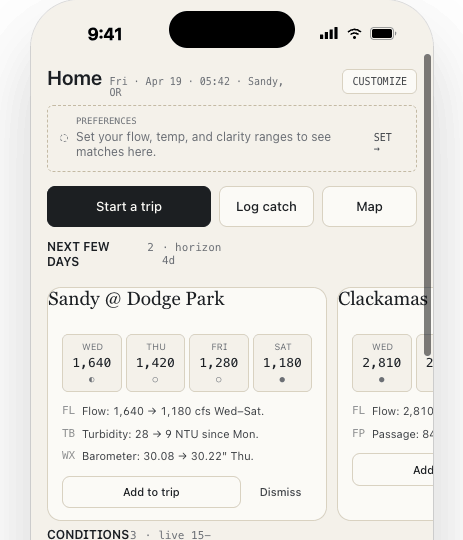Home deck showing multiple saved waters with current metrics