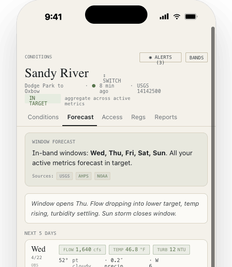 Keep Fishing forecast screen showing flow, weather, tide, and source context
