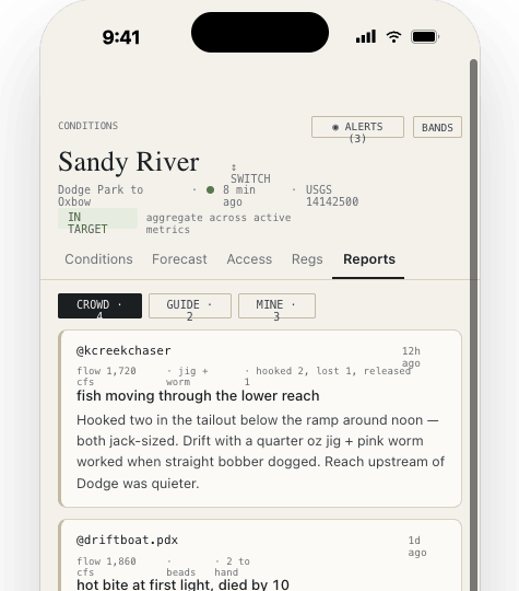Conditions reports separated by crowd, guide, and user source