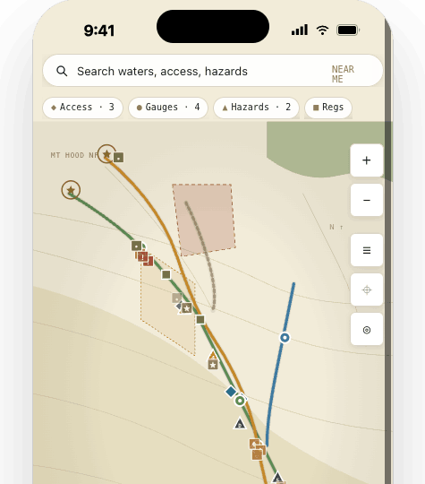 Map showing condition-aware water, access pins, gauges, and private spot logging
