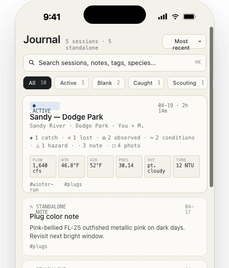 Journal home showing private activities with catch and observation counts
