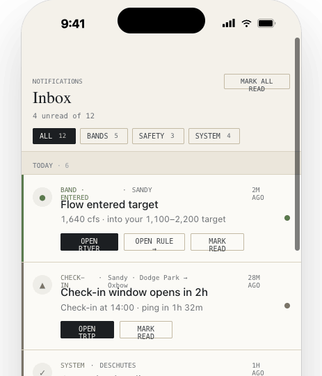 Notifications feed with band, safety, and system events