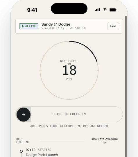 Keep Fishing Trip Watch showing active check-in timer and last known location