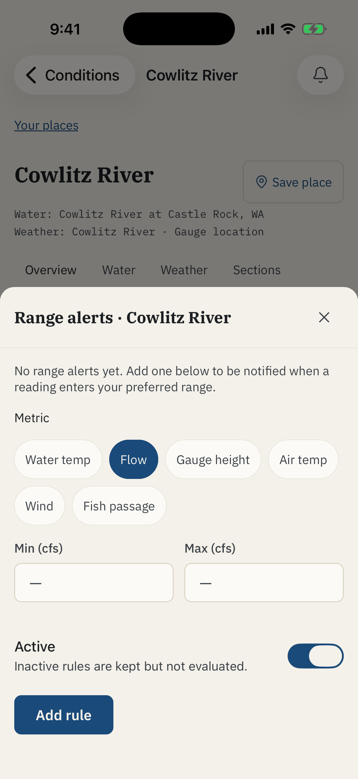 Range alert controls for the Cowlitz River, with a metric and minimum and maximum fields.