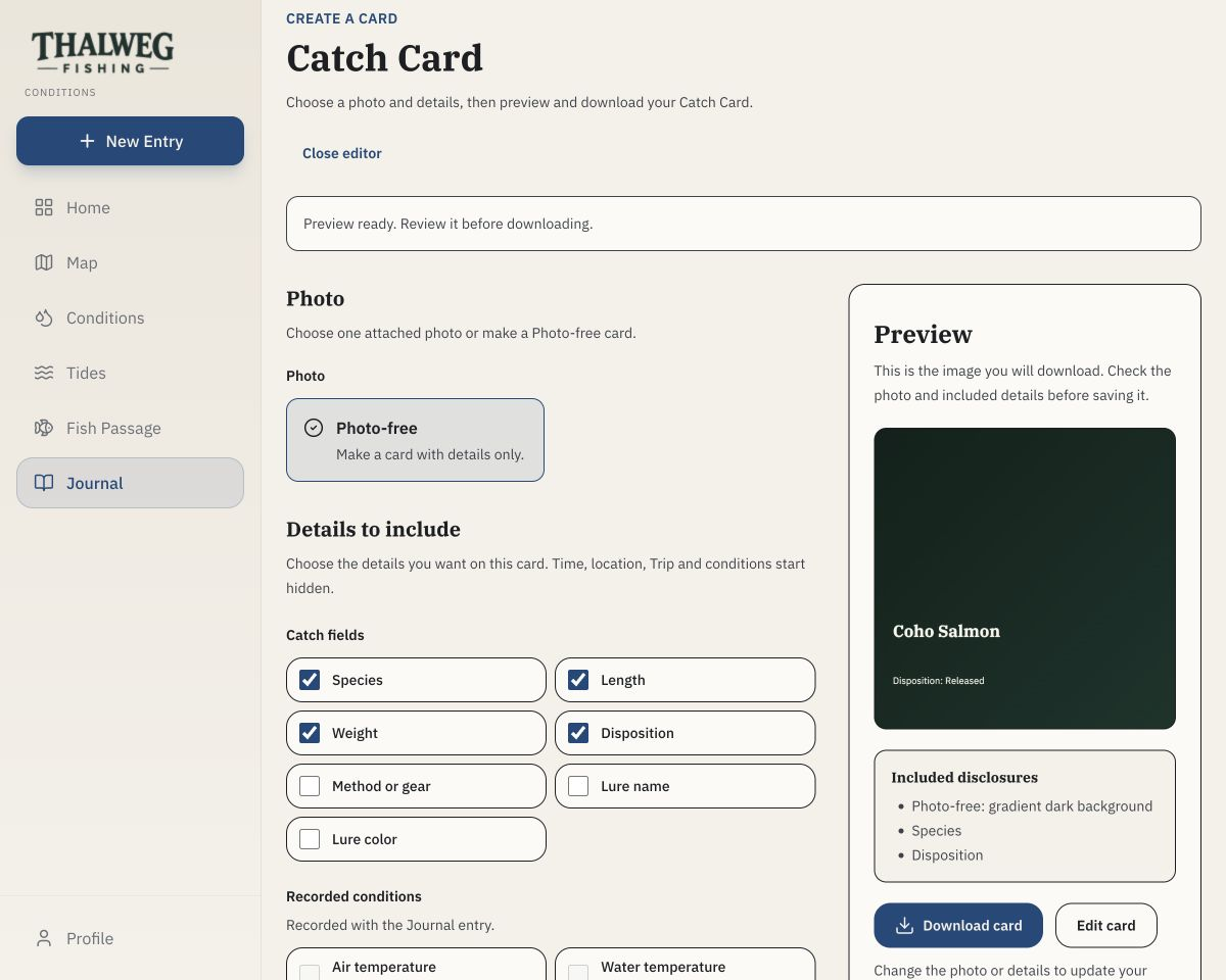 Web Catch Card preview showing Coho Salmon and Released, with location and time hidden.
