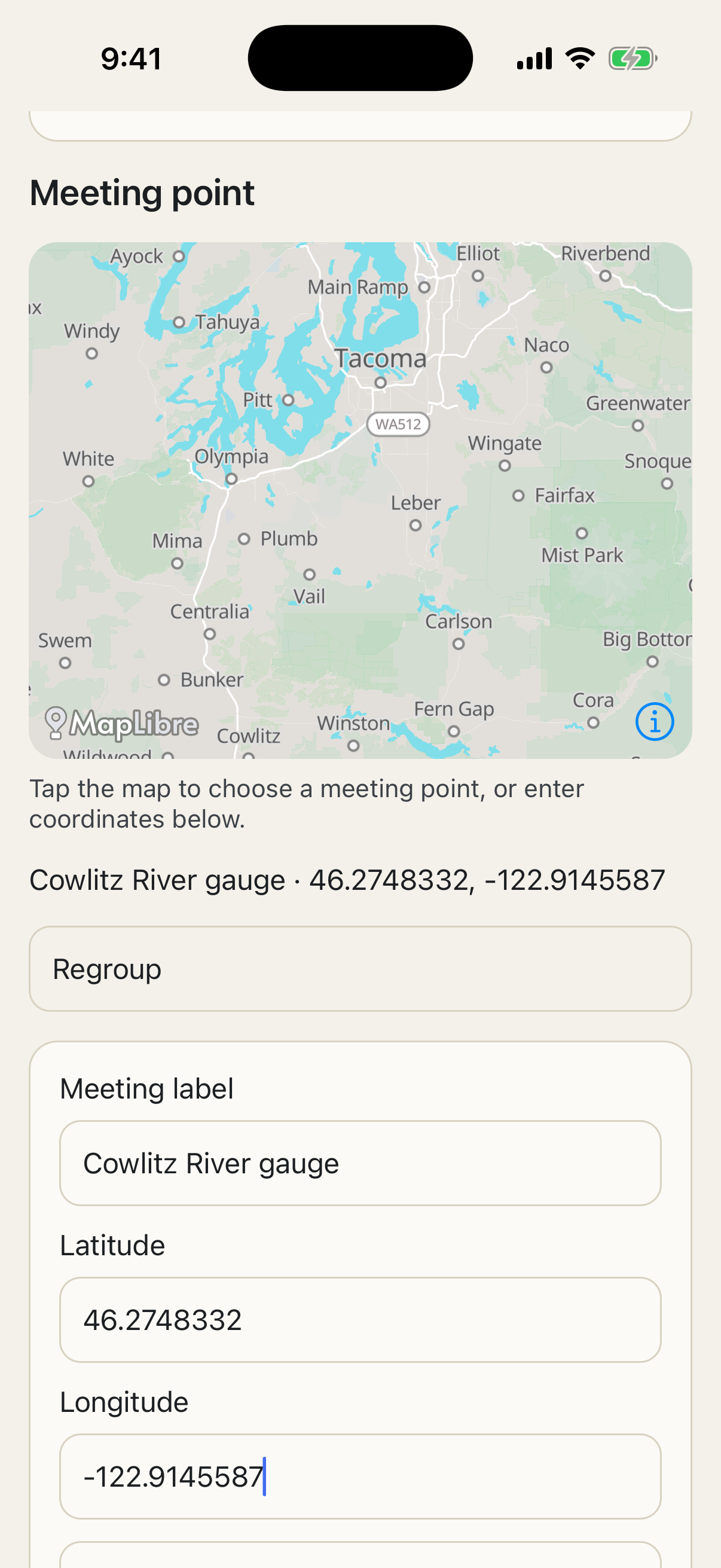 Fishalong meeting point map and controls using a public Cowlitz River gauge.