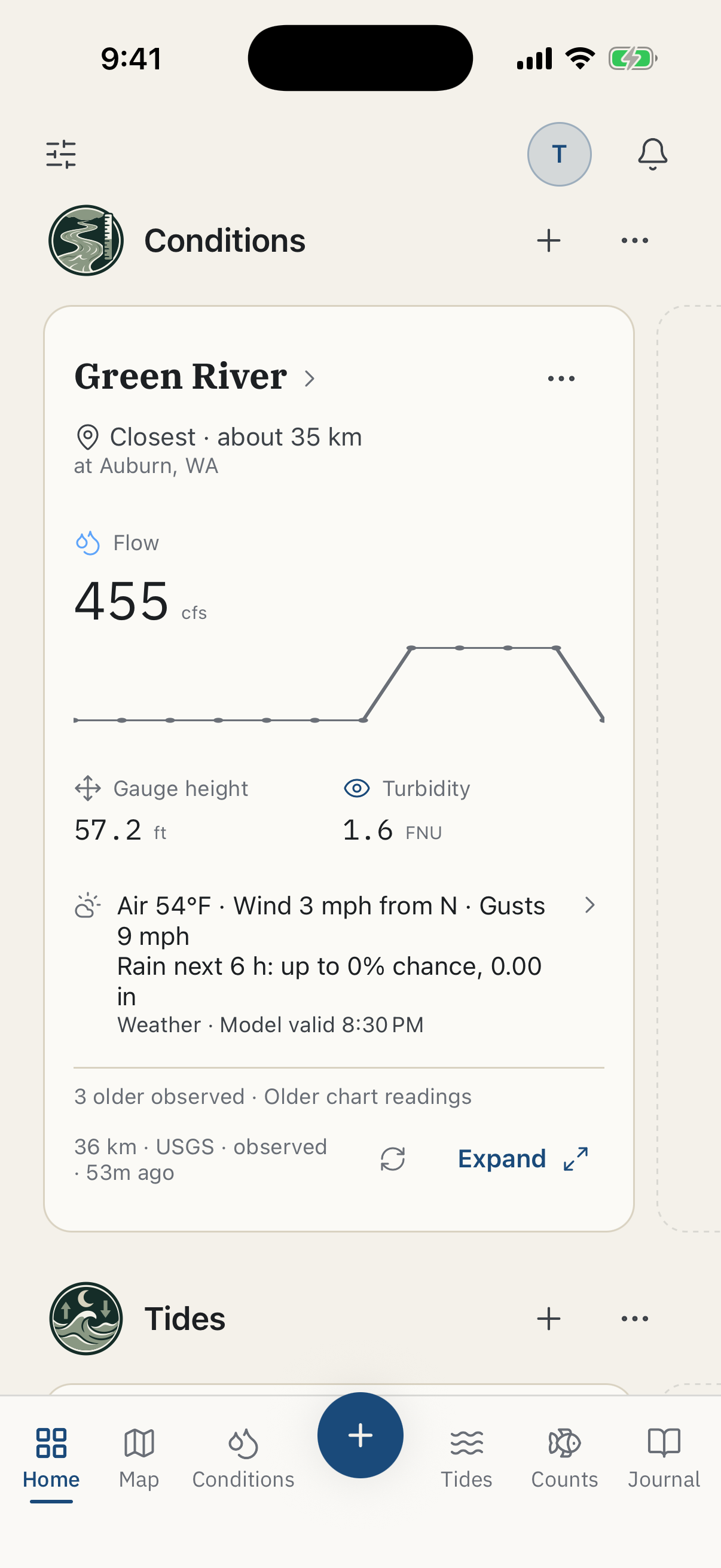 Home screen with Green River readings, weather, and a flow chart.