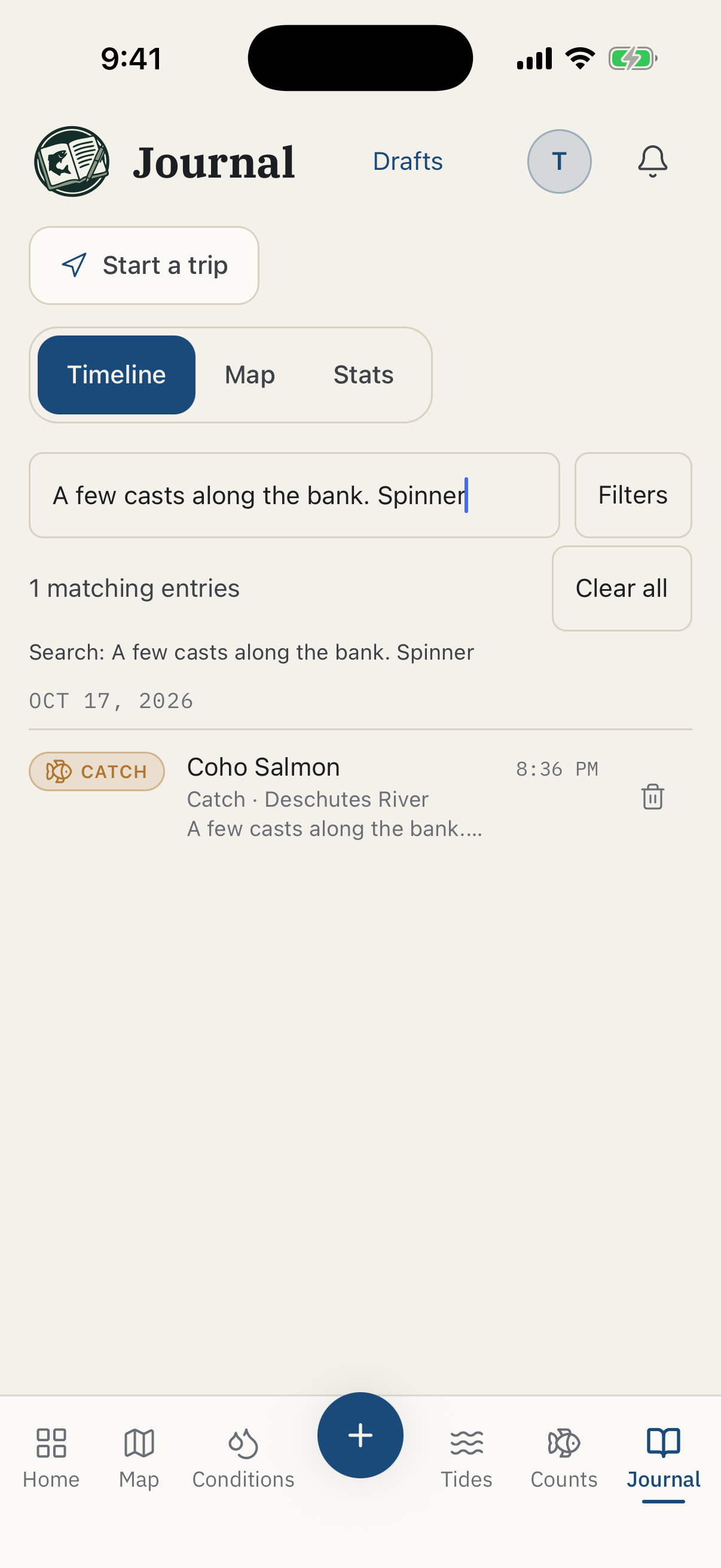 Journal timeline filtered to an example Coho Salmon catch on the Deschutes River.