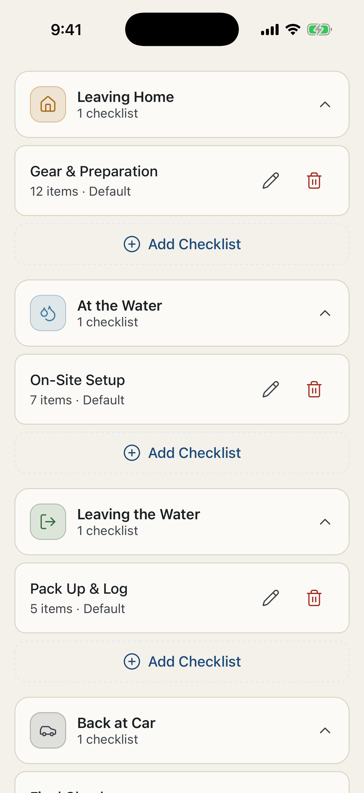 Personal checklists for leaving home, getting set up, and packing up.