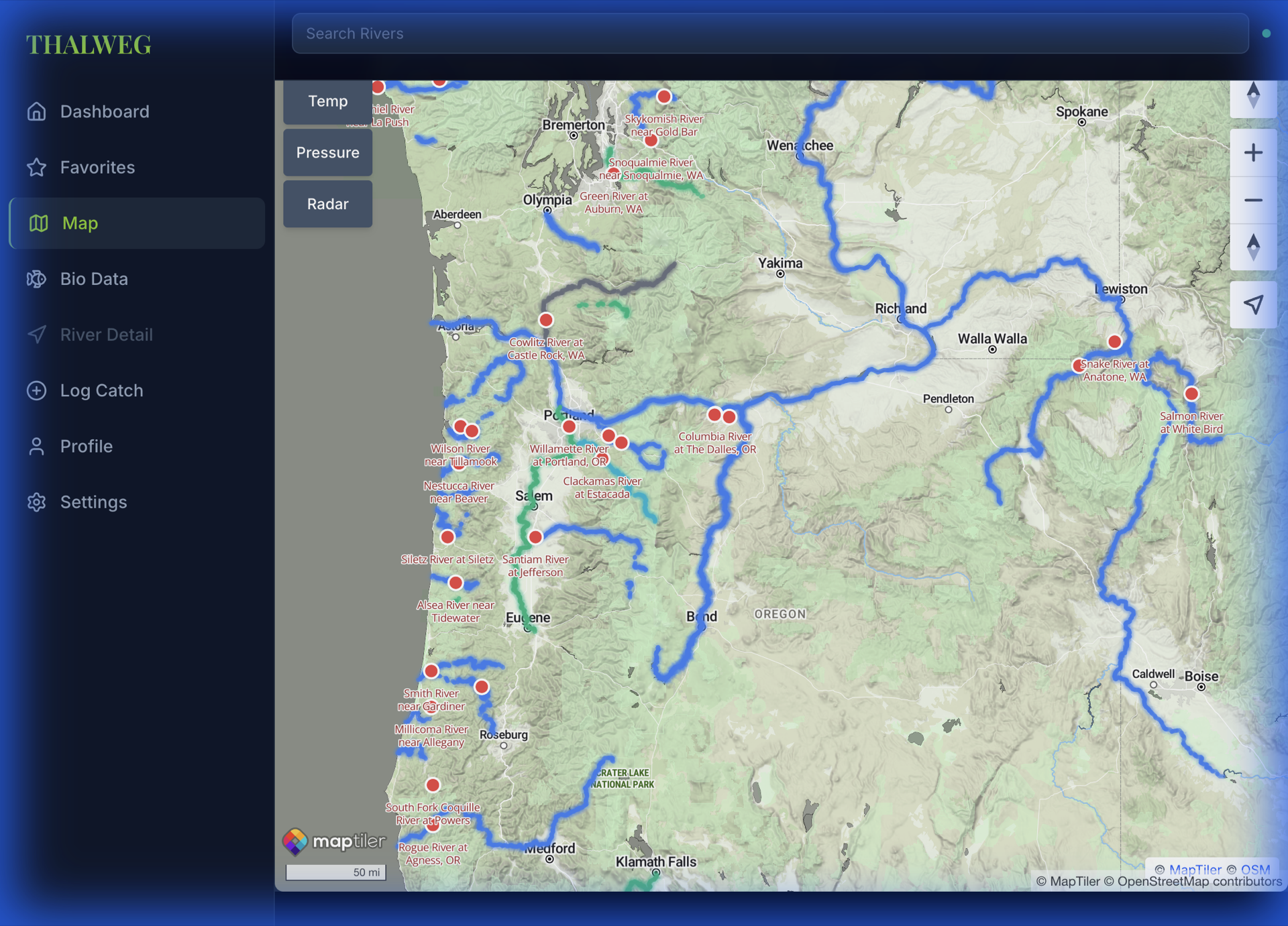 Interactive map with MapLibre GL showing USGS and NOAA station overlays, waypoint markers, and offline PMTiles support