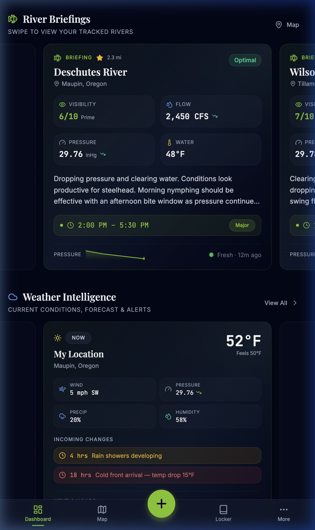Mobile app showing River Briefings with visibility, flow, pressure, and water temperature for the Deschutes River
