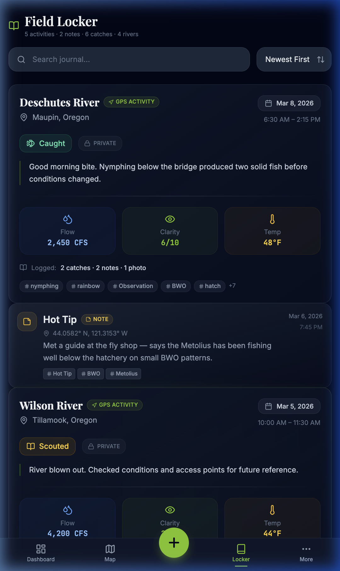 Mobile Field Locker showing activity entries with river names, GPS tags, environmental conditions, and field notes