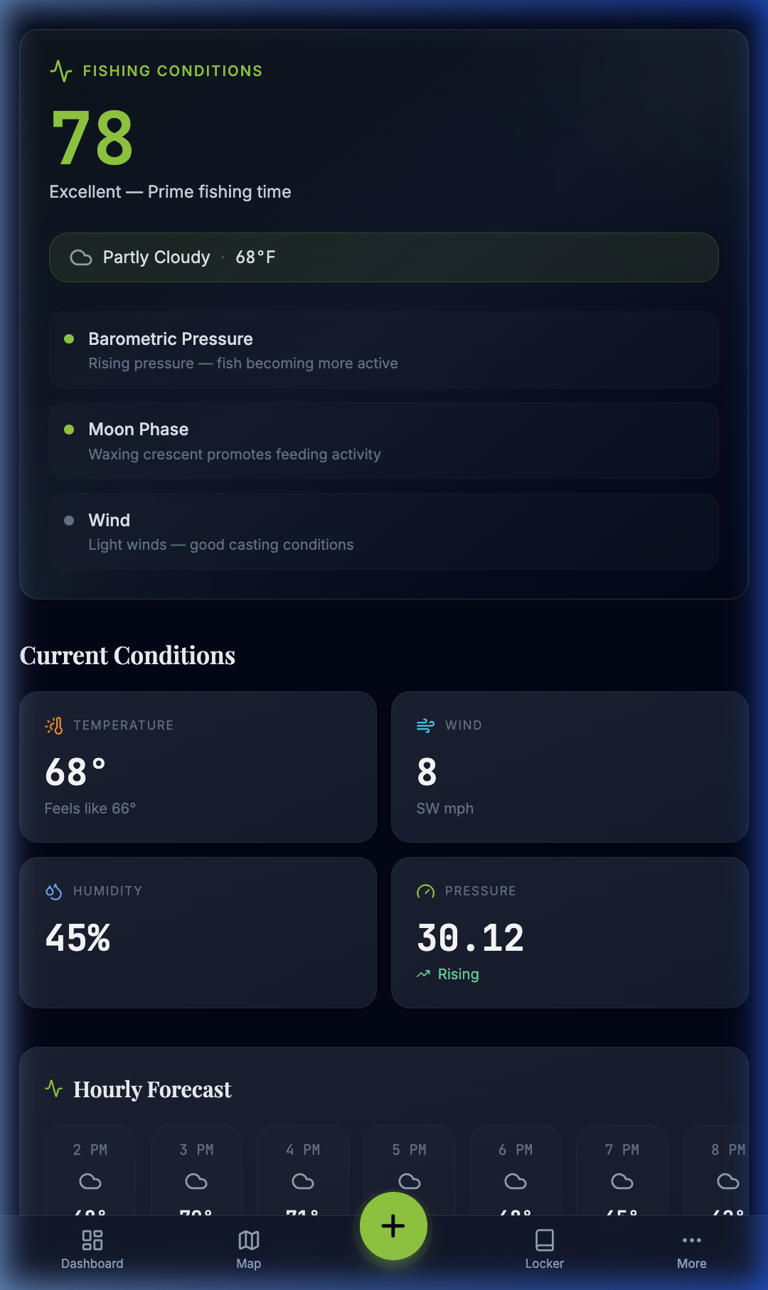 Mobile Weather Intelligence showing pressure trends, bite windows, wind, and hourly forecast context