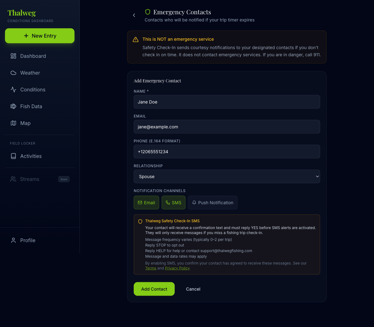 Safety Contacts form showing SMS toggle enabled with CTIA consent disclosure including program name, message frequency, cost disclosure, opt-out instructions, and links to Terms and Privacy Policy