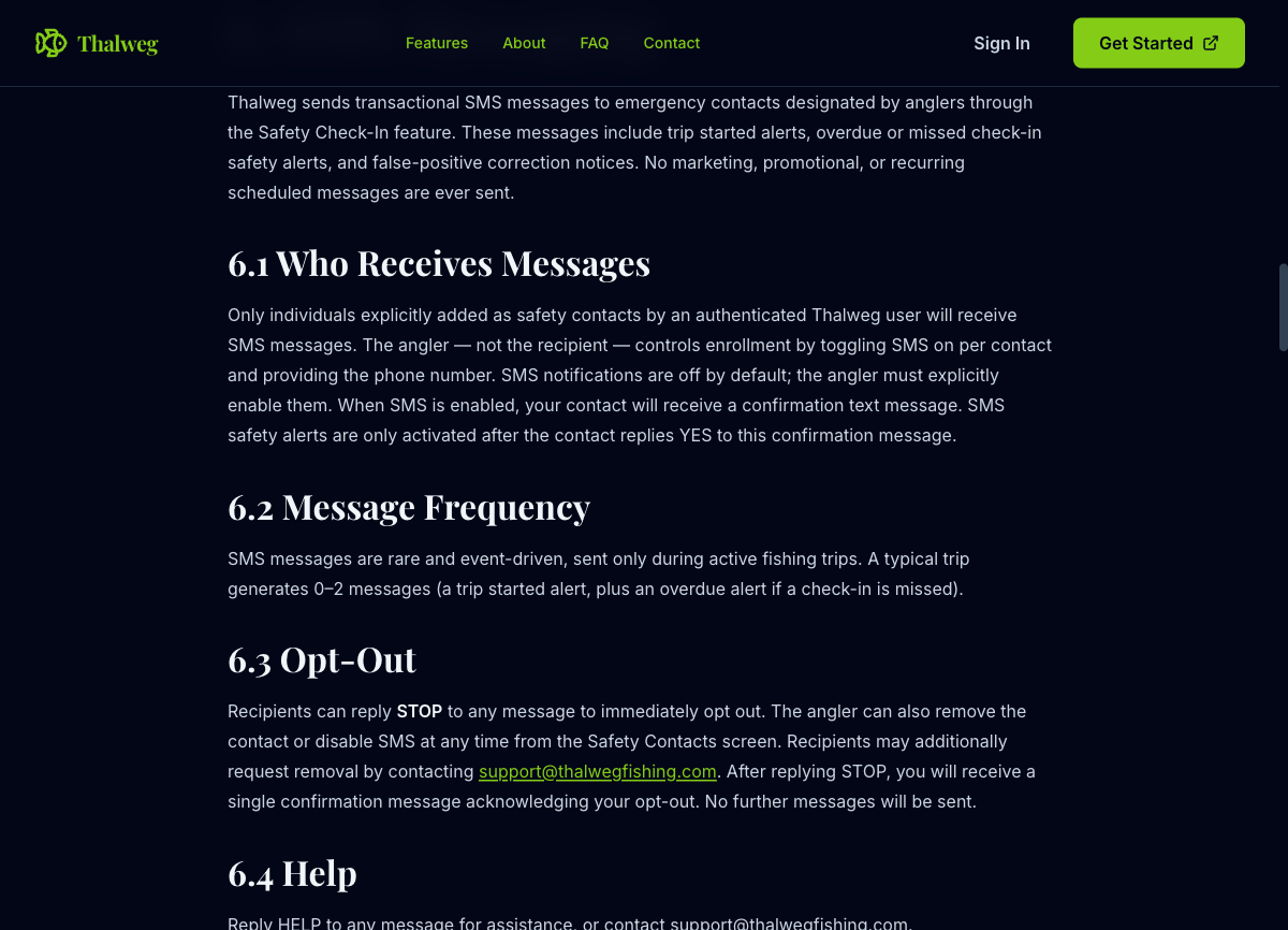 Terms of Service page showing Section 6: SMS Messaging with subsections for Who Receives Messages, Message Frequency, Opt-Out, Help, Costs, Delivery Disclaimer, and Consent