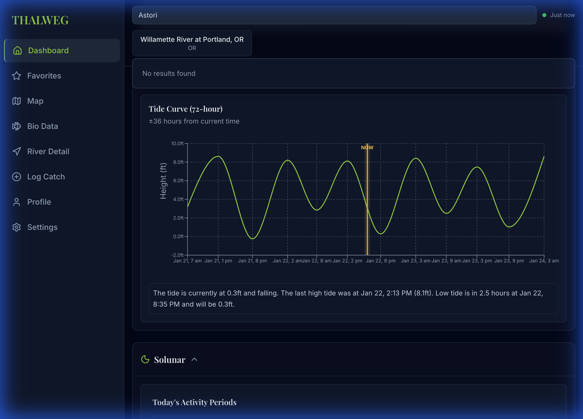 Tide curve chart showing 72-hour tide predictions with high and low tide times for coastal and tidal river fishing