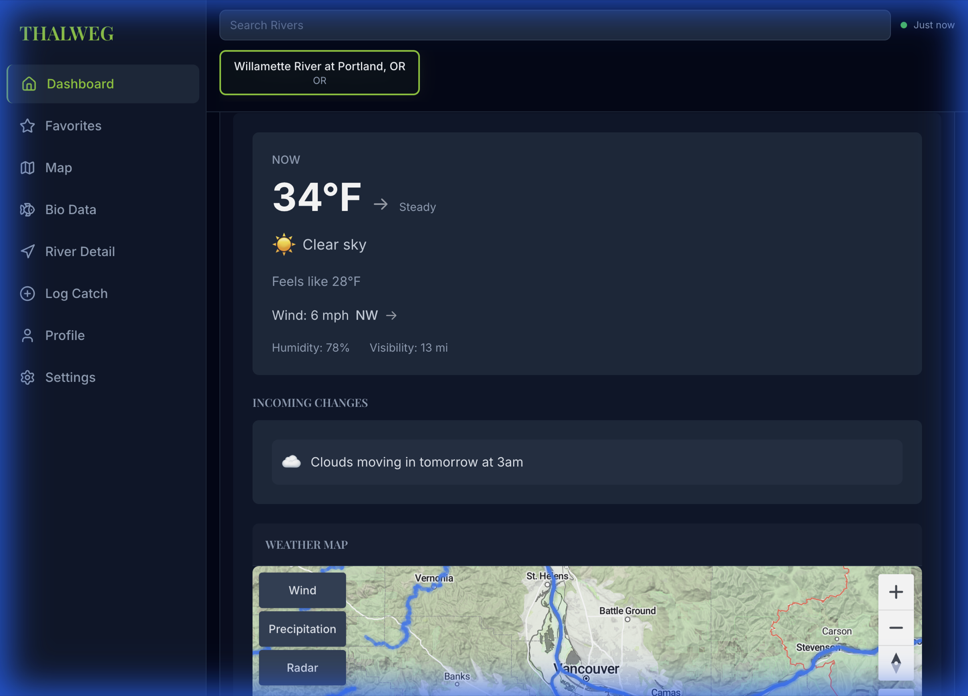 Weather intelligence dashboard with interactive map showing NOAA forecasts, barometric pressure, wind conditions, and precipitation timing